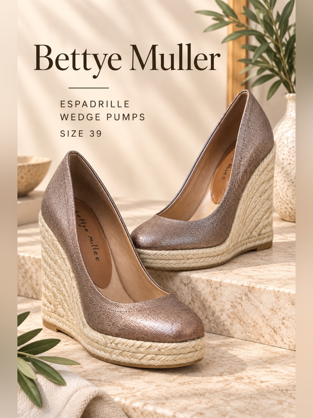 Bettye Muller Metallic Bronze Espadrille Wedge Pumps